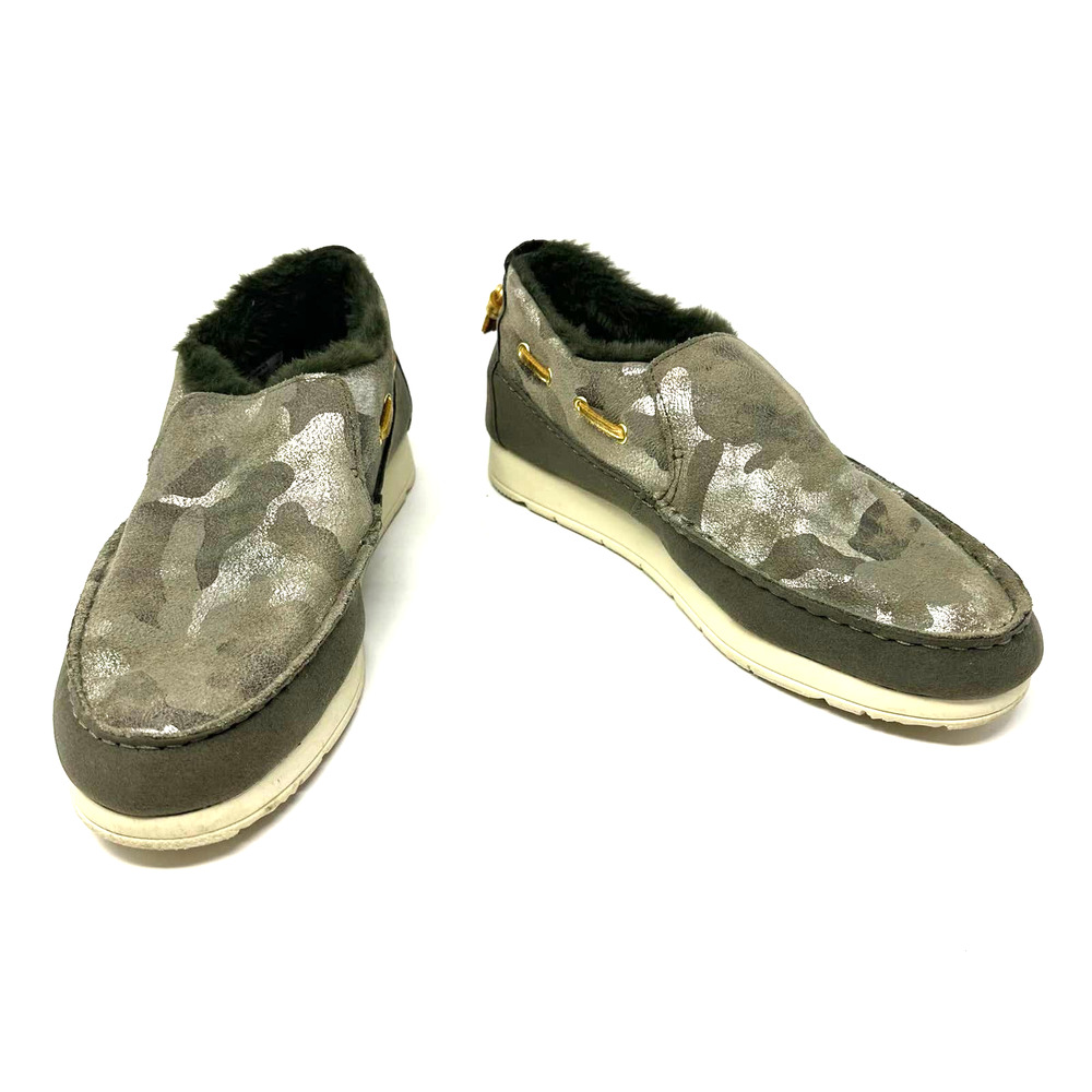 Sperry size 7.5 ‎ STS86941 Olive camo fur lined slip on shoes leather D21-61971